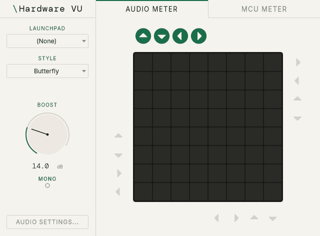 Audio Meter in Butterfly style: the grid blooms green-to-red outward from the centre, live.