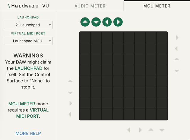 MCU Meter mode: a virtual MIDI port selector and warnings panel, grid dark until the DAW sends VU frames.